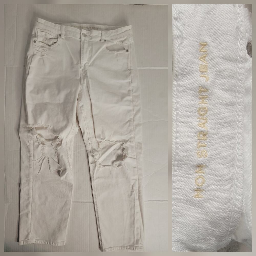 AMERICAN EAGLE Jeans Womens 16 Straight Mom High Rise Distressed Stretch White
